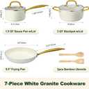 M MELENTA Pots and Pans Set Non Stick, 7 Piece White Granite Induction Cookware Set, Nonstick Kitchen Cooking Set with Gold Handle and Utensil, Oven Safe (PFOS, PFOA Free)
