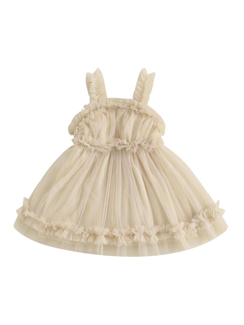 Toddler Baby Girls Tulle Tutu Dress Solid Color Sleeveless Mesh Ruffled A-Line Sundress Little Girl Princess Dress (A-Champagne, 6-7 Years)