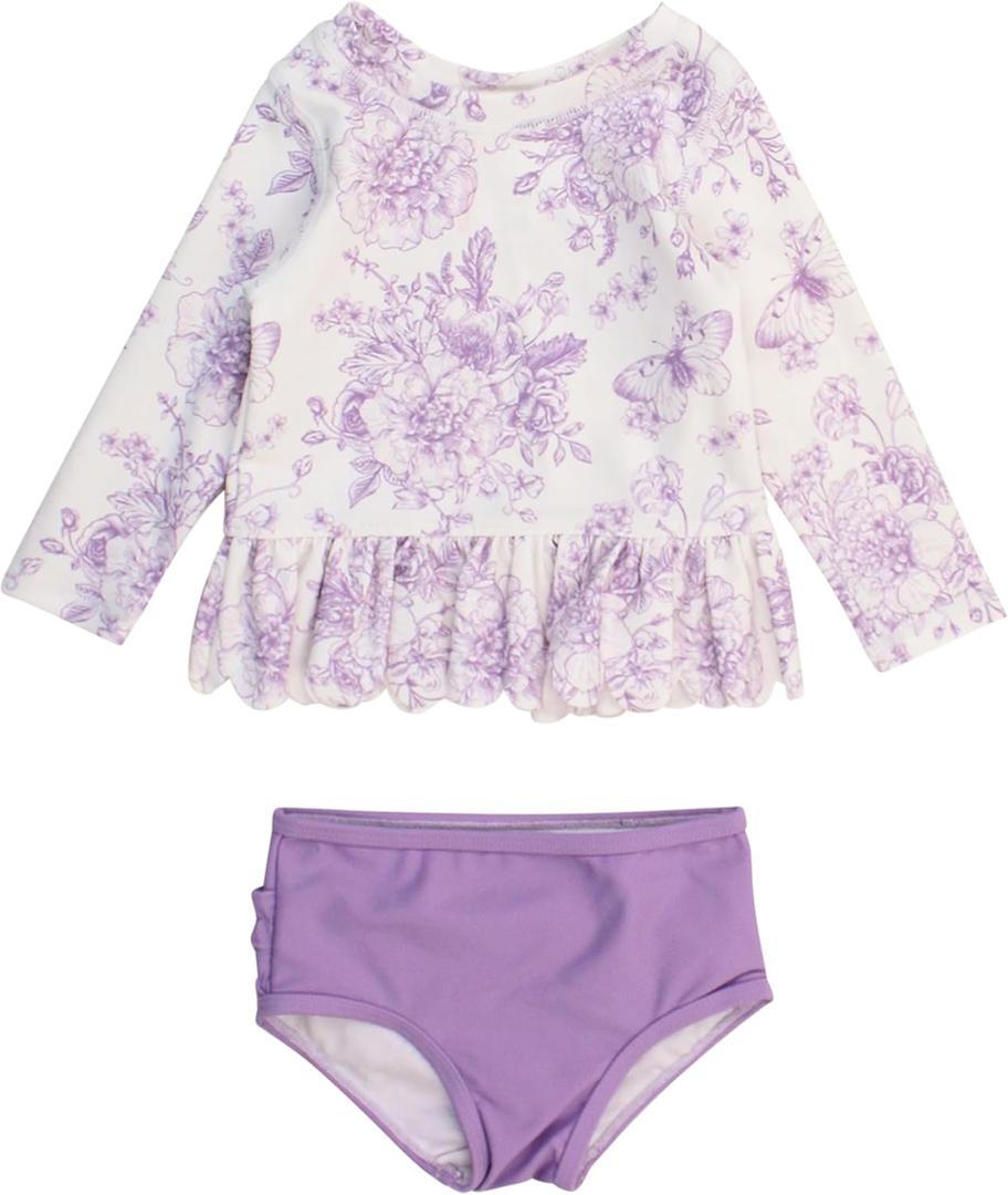 RuffleButts Baby/Toddler Girls Scalloped Long Sleeve Rash Guard 2-Piece UPF50+ Sun Protected Swimsuit (18-24 Months, Wisteria Purple Butterfly Garden Toile)