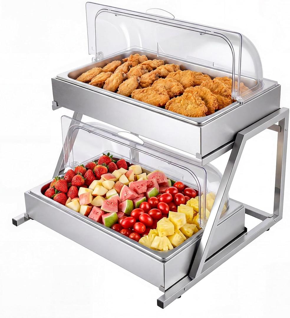 VEVOR Countertop Food Serving Display Container, 2 Tier Stainless Steel Food Salad Server Tray, Buffet Condiment Dispenser, Ice Cooled Rack with Clear Roll Top Cover, for Restaurant Hotel (1/1 Pan x2)