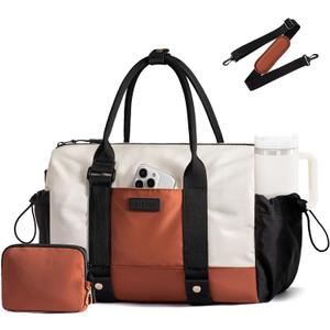 LOVEVOOK Small Gym Bag for Women with Yoga mat Holder, Mini Duffle Bag for Travel with Wet Pocket, Overnight Personal Item Bags, Lightweight Carry on Weekender Duffel for Workout, Dance, Ballet (14.5 inch-Small-2Pcs, Black-White-Brown)