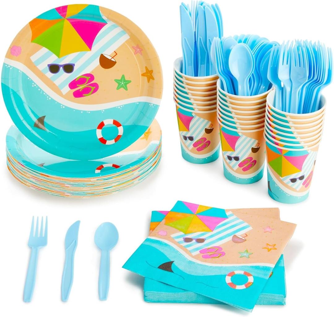 BLUE PANDA 144 Piece Beach Theme Party Supplies, Summer Dinnerware Set with Plates, Napkins, Cups, and Cutlery (Serves 24) - Beach Party Decorations