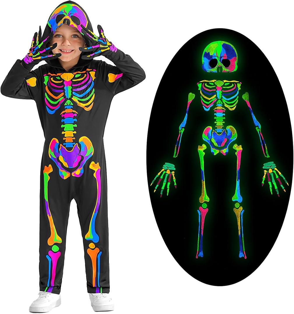 Weixinbuy Kids Halloween Skeleton Costumes Toddler Luminous Scary Skull Bones Jumpsuit Glow in the Dark Outfit for Child Baby (4-6 Years, Black #1)