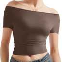 SUUKSESS Women Off The Shoulder Short Sleeve Tops Trendy Cowl Neck Going Out Basic T Shirt (Small, Brown)
