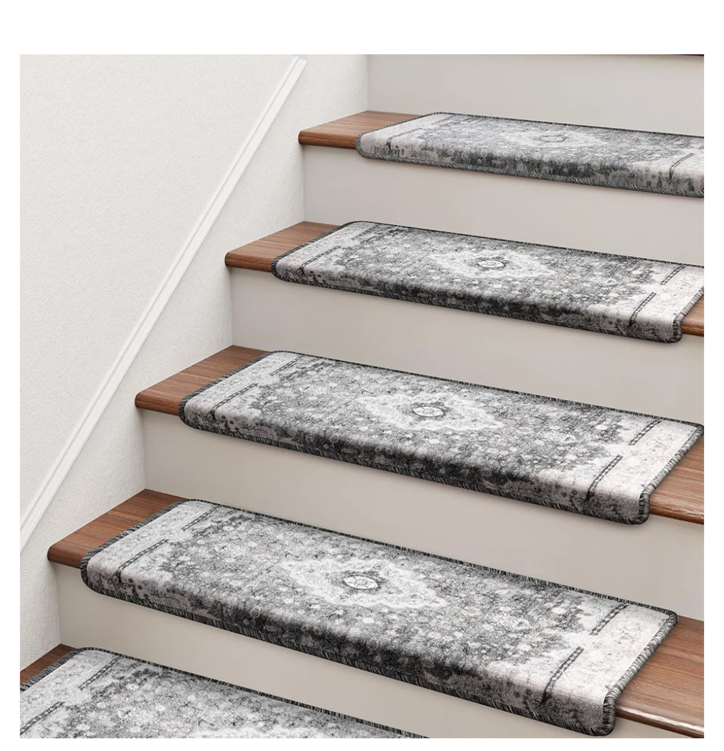 Bullnose Stair Treads for Wooden Steps, Non Slip Stair Carpet for Indoor Runner and Pets, Soft Edging Staircase Protectors Reusable, Washable, 29.5"x9.5"x1.5" 14pcs, Grey