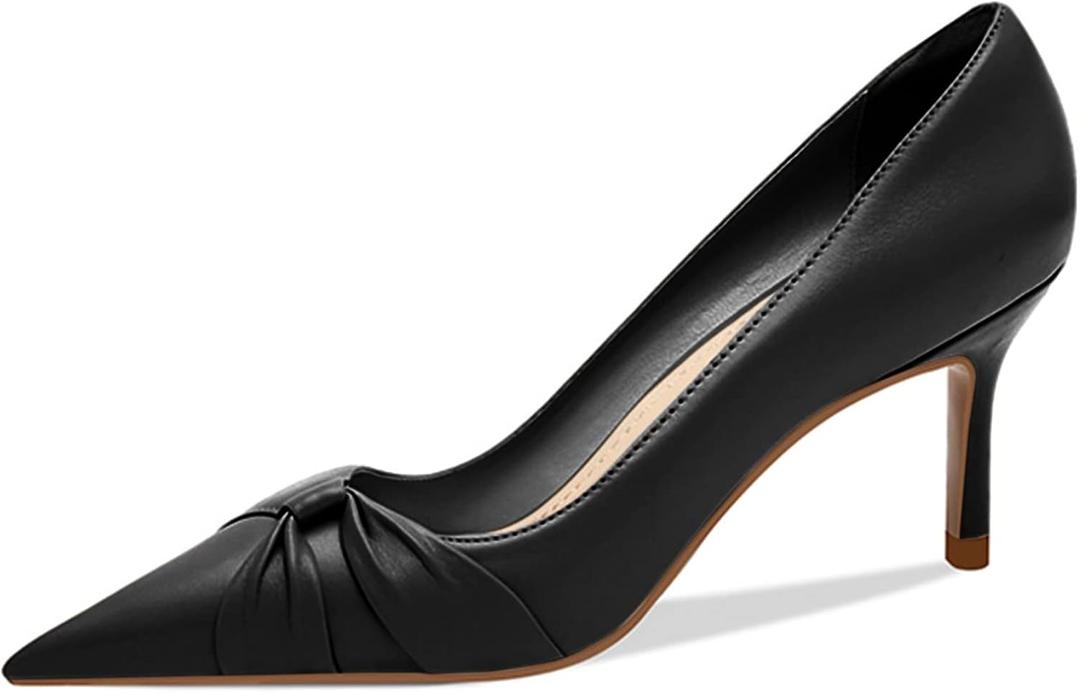 PiePieBuy Womens Pointed Toe Pumps Twist Knot Stiletto Mid Heel Faux Leather Dress Shoes (8, Black)