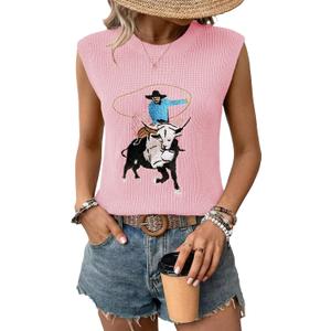 SHEWIN Women's Western Sweater Vest Crewneck Sleeveless Tops Cowgirl Casual Embroidered Tank Top 2026 (L)
