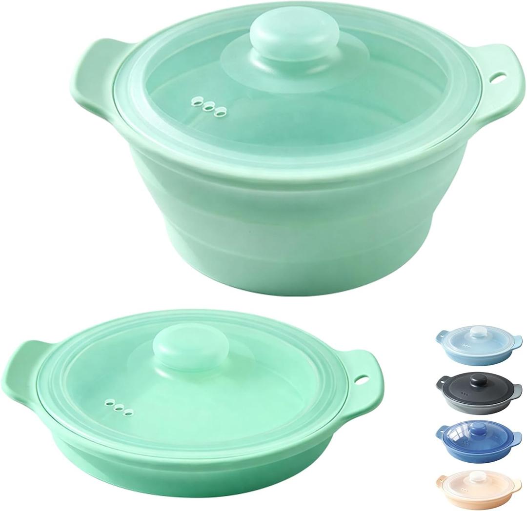 42oz Silicone Microwave Steamer For Cooking, Collapsible Food Steamer For Vegetable, Seafood, Soup, Leftovers, Rice Cooker, BPA Free Small Steam Pot with Handle & Lid, Dishwasher Safe (Green), 1 Pack