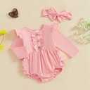 Newborn Baby Girl Outfit Ruffle Bubble Romper Long Sleeve Infant Bodysuit Jumpsuit with Headband Clothes (Pink)