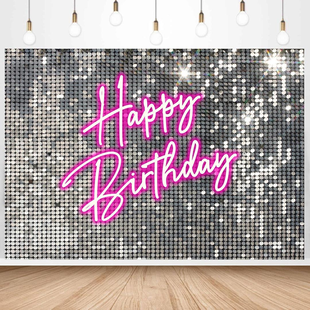 InMemory Glitter Pink Neon Happy Birthday Backdrop Silver Sequins Stars Halos Girls Women Birthday Reception Party Decorations Banner Portrait Photography Background 6x4ft