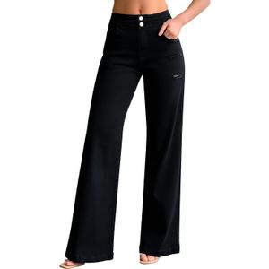 roswear Womens Casual Distressed High Waisted Denim Pants Stretch Baggy Loose Wide Leg Jeans (Medium, Black)