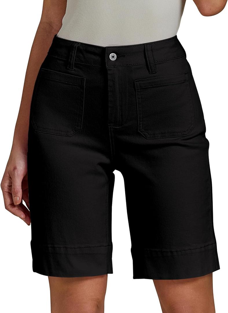 luvamia Bermuda Shorts for Women High Waisted Trendy Patch Pocket Casual Vintage Long Stretchy Denim Shorts Summer Jorts (Large, Black)