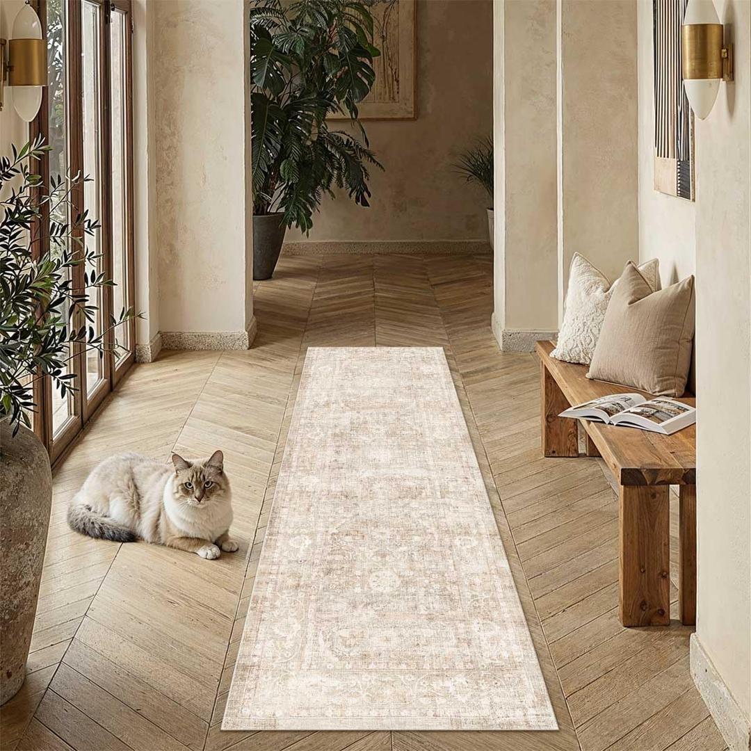 2x12 Beige Washable Runner Rug for Kitchen Hallway Neutral Soft Non Slip Rug Low Pile Vintage Distressed Carpet for Bathroom Bedroom Indoor Nursery