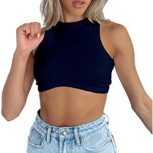 Abardsion Women's Crew Neck Racerback Knit Ribbed Basic Sleeveless Crop Tank Tops (Medium, Navy Blue)