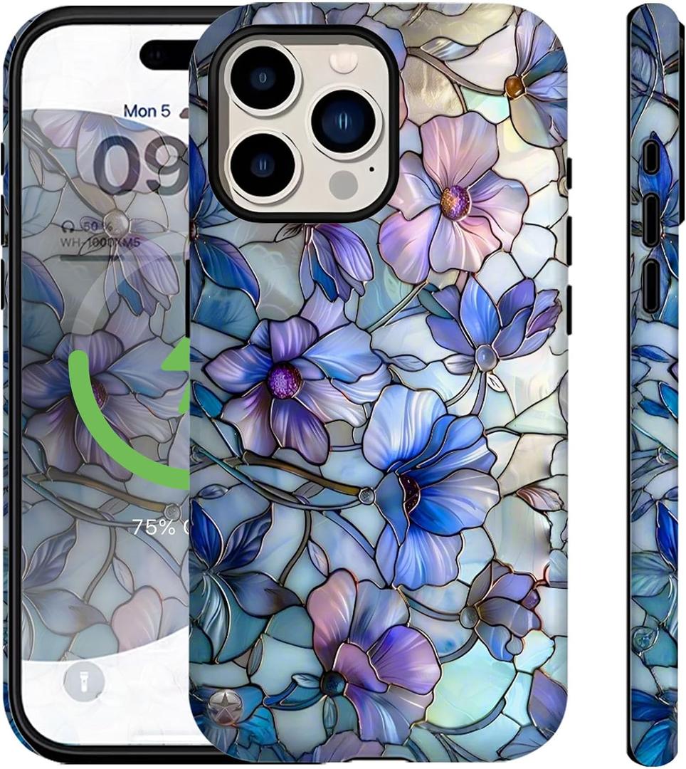 Case for iPhone 13 Pro Max Case Stained Glass Cute Elegant Purple Flowers Floral Design for Women Girls [Compatible with Magsafe] Rugge Shockproof Anti-Scratch Phone Cover