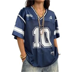 RoseSeek Jersey Shirts for Women Number Graphic V Neck Oversized Tshirts Y2k Football Jersey Streetwear Blue XS