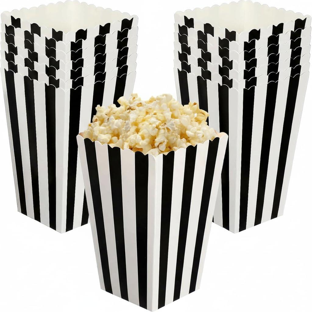 48 Pcs Black Striped Popcorn Boxes 5.51 X 5.51 X 0.19 in Foldable Paper Popcorn Containers for Movie Nights Party Favors Wedding Dessert Tables Candy and Cookie Serving