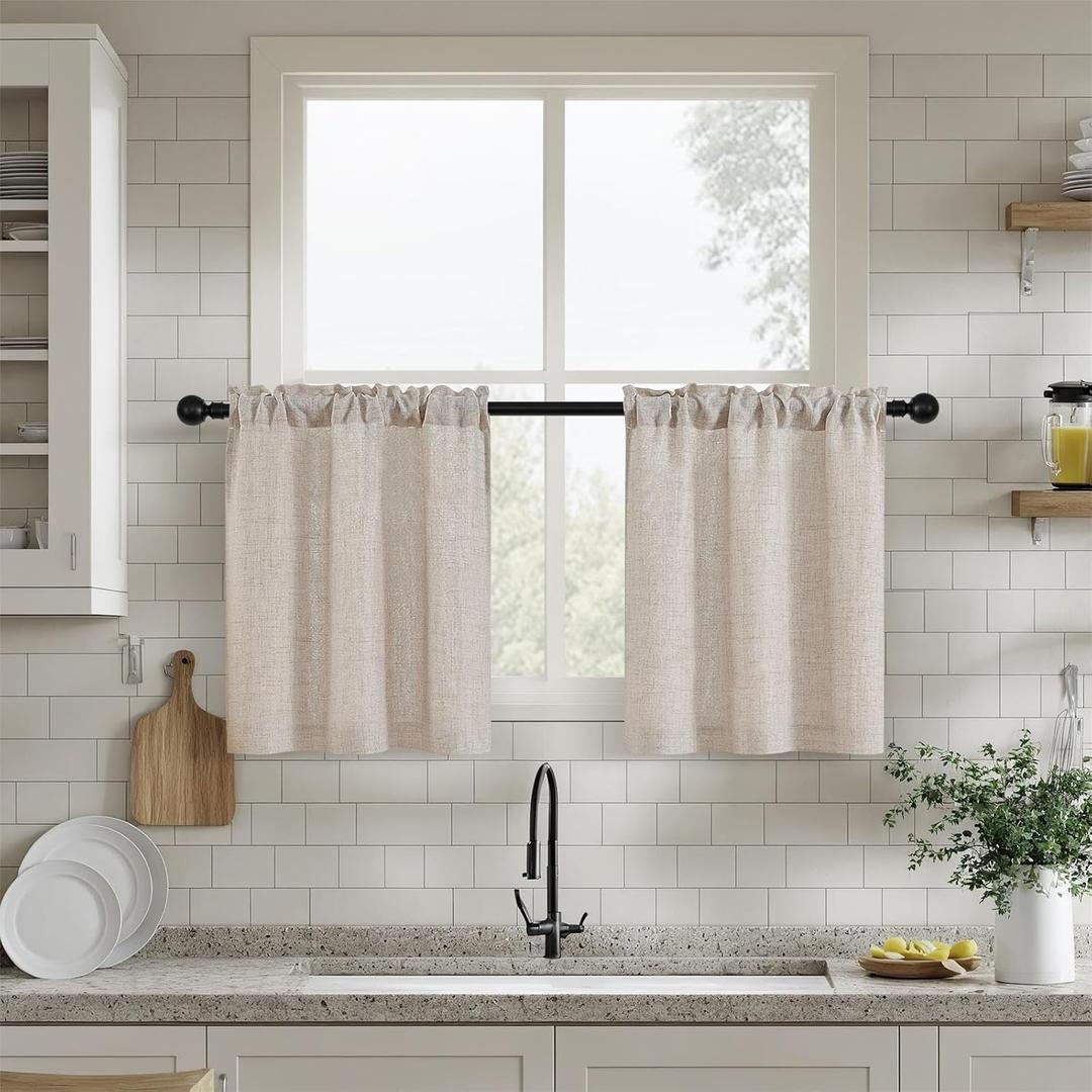 Semi Sheer Kitchen 24 Inch Curtains for Windows Flax Linen Elegant Boho Farmhouse Drapes Short 2 Panels Set Light Filtering Tan Beige Cafe Curtains for Bathroom Laundry RV Rod Pocket W25xL24