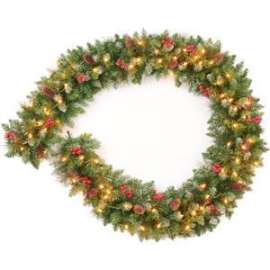 9 Feet Pre-Lit Christmas Garland, Mixed Pine Decorated with Frosted Berries, Pinecones, 70 Lights Plug in, for Mantle Staircase Indoor and Outdoor (Green White)