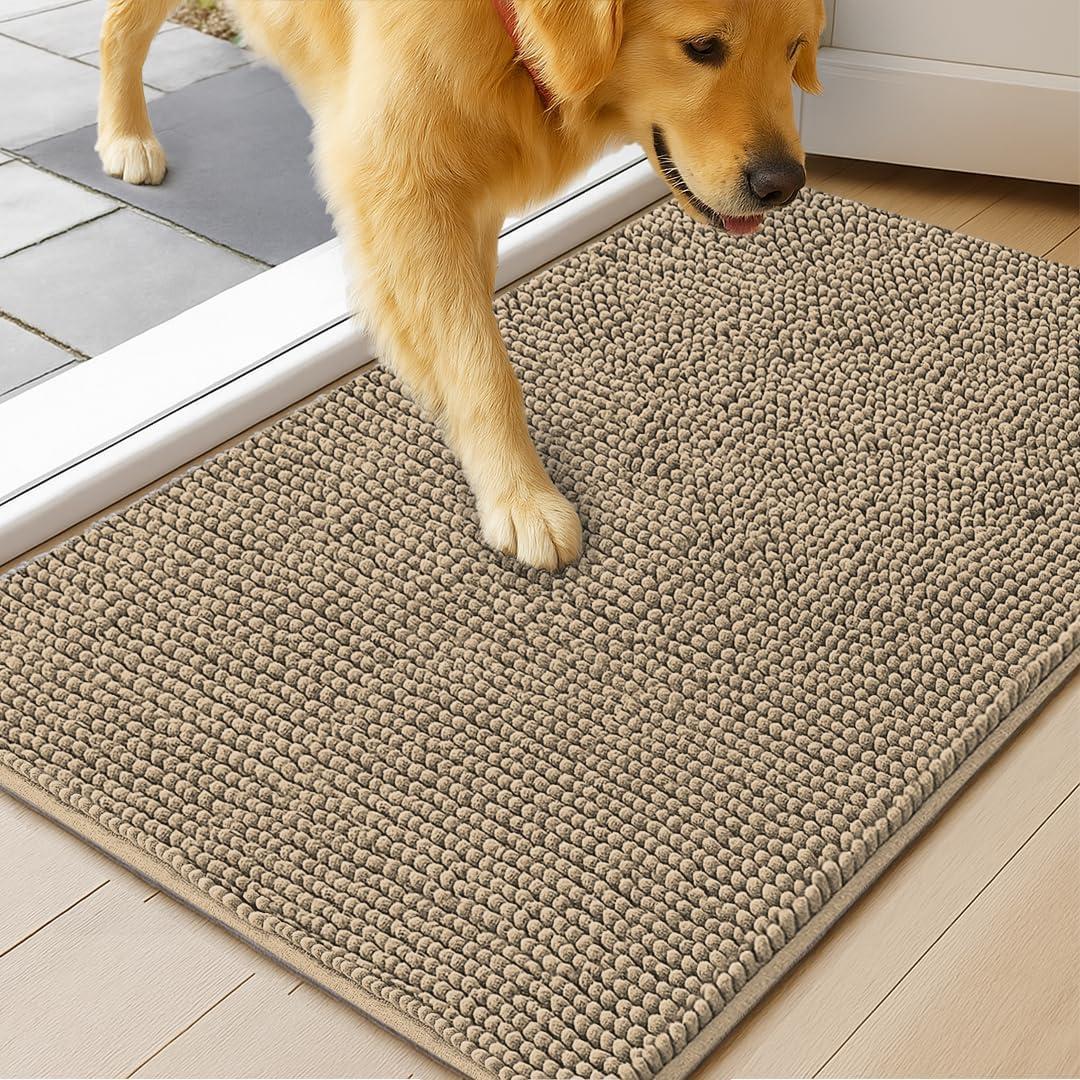 MudGuard Mat Dog Door Mat for Muddy Paws, Super Absorbent Microfiber, Non-Slip Indoor Mat, Quick Dry Chenille Mud Mat for Dogs & Entryway, Washable, Beige 16" x 24"