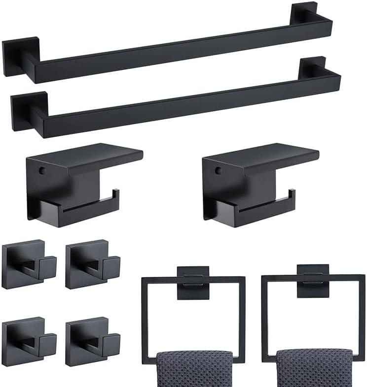 23.6 Inch SUS304 Stainless Steel Bathroom Hardware Set - 10-Piece Wall-Mounted Towel Bar, Holder & Racks - Matte Black