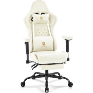 Gaming Chair,Computer Office Chair with Footrest,Massage Lumbar Support and Gel Pad,Ergonomic Reclining Leather Gamer Chair with Headrest,Adjustable Armrests and Spring Cushion Ivory