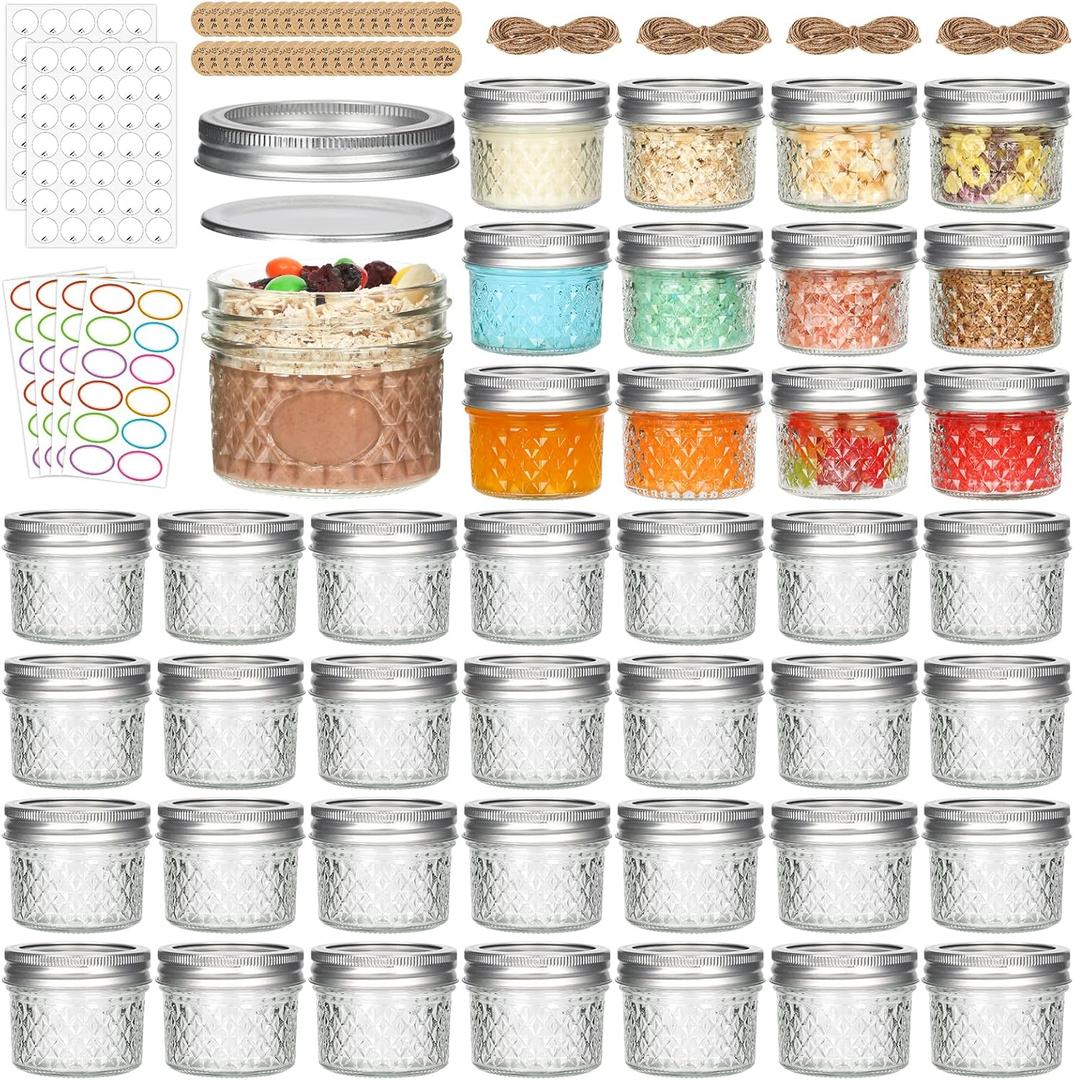 4 oz Glass Mason Jars, 40 Pack Regular Mouth Mini Canning Jars for Caviar, Honey, Jam, Jelly, Body Butters, Spice, DIY Candle (Silver Lid and Bands)