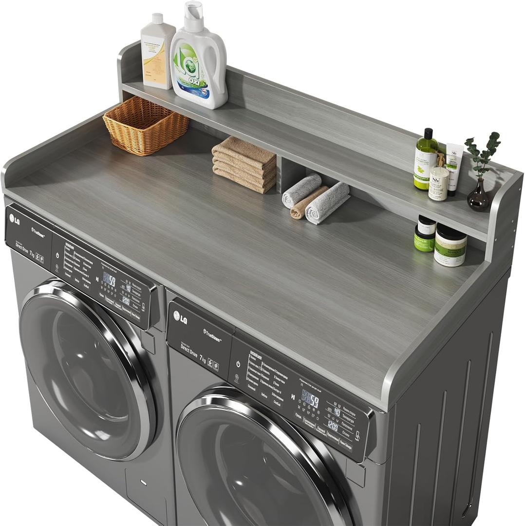 2-Tier Washer And Dryer Countertop With 2.75"H Guard,54"W x 27.5"D Laundry Countertop Cover With Non-Slip Pad,Large Space Laundry Topper For Folding Clothes Over Washer And Dryer-Stripe Gray