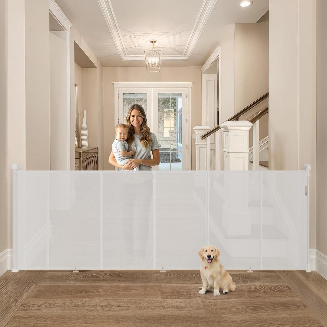 Upgrade Retractable Baby Gates Extra Wide(150" W x 42" H), 150 inch Reinforced Retractable Dog Gate to Prevent Crawling Through, Retractable Gate Outdoor/Indoor, Real One-Handed Operation, White