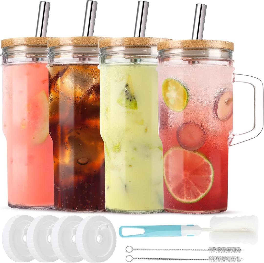 4Pack 24oz Glass Tumbler Cup with Bamboo Handle Lids and Straws, Mason Jars with Wide Mouth Iced Coffee Cup Reusable Drinking Glasses Travel Mug for Smoothie Beer Juice Tea