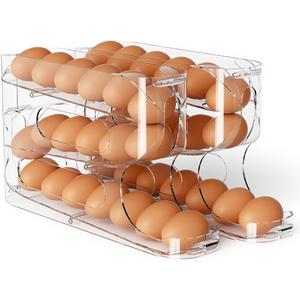 Sotfamily Clear Egg Holder for Fridge, Auto Rolling Egg Dispenser for Eggs 36 Count, FIFO Design, Space-Saving Egg Roller, Organizer, Container, Storage for Refrigerator & Kitchen Countertop(2 Packs)