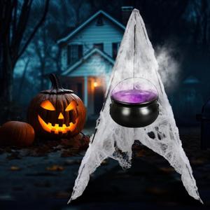Halloween Decorations Outdoor Large Witches Cauldron on 52" Tripod with 12 LED Mister and Mesh Spider Black Plastic Witches Bowl Candy Bucket Cauldron for Halloween Porch Yard Decoration