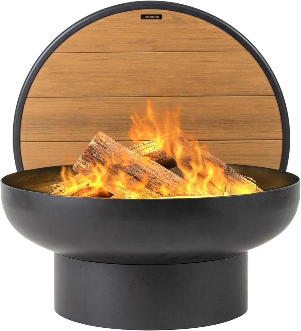 Iron Fire Pit Table with Lid, Extra Thick and Heavy Duty Fire Bowl, Deep Round Firepit for Outdoor Bonfire Gatherings, Wood Burning Firepits for Outside Patio, Modern Outdoor Fire Pits (24-inch, Black)