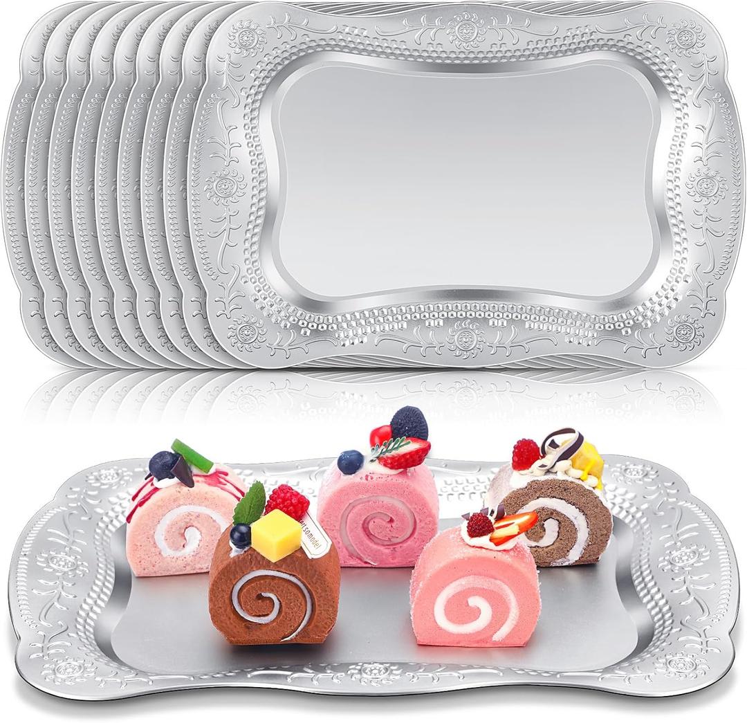 Layhit 10 Pcs Plastic Serving Trays 13" x 9" Rectangle Platters for Dessert Display Tray for Decoration Embossed Serving Platter Dish for Parties, Weddings, Engagements, Birthdays (Silver)