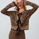Ythomm Women Leopard Print Bow Tie Cardigan Sweaters Long Sleeve Crewneck Open Front Knit Cardigan Coats Casual Loose Outwear Brown (Brown, L)