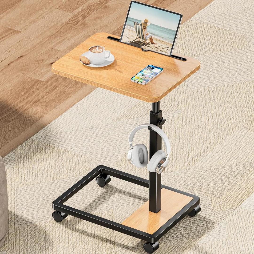 Adjustable TV Tray Table - 360 Rotating C Shaped End Side Table Sofa Couch Bed Table with Wheels for Eating Living Room Laptop