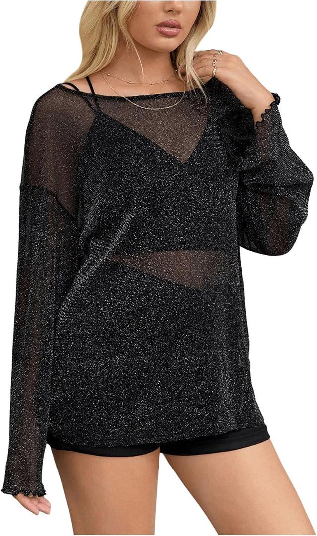 MakeMeChic Women's Mesh Sheer Bell Sleeve T Shirt Sparkly Lettuce Trim Y2k Tee Tops (XS)