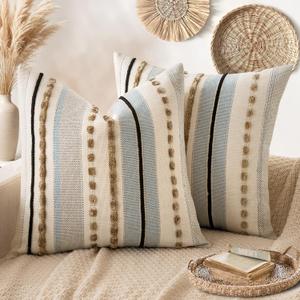 ANRODUO Pack of 2 Boho Decorative Throw Pillow Covers 18x18 Farmhouse Cushion Case Striped Chenille Pillow Cases Square Pillow Covers Accent Neutral Pillowcase for Sofa Couch Bed, Light Blue Stripe