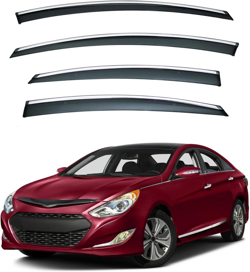 4pcs Smoke Tint with Chrome Trim Outside Mount Tape On/Clip On Style PVC Sun Rain Guard Vent Window Visors Compatible with 11-14 Sonata i45 YF 15 Hybrid (For 2011-2015 Hyundai Sonata)
