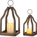 Romadedi Farmhouse Decorative Lantern Wooden - Set of 2 Rustic Wood Lanterns Candle Holder for Wedding Table Centerpieces Indoor Outdoor Fireplace Mantle Home Decor, Brown
