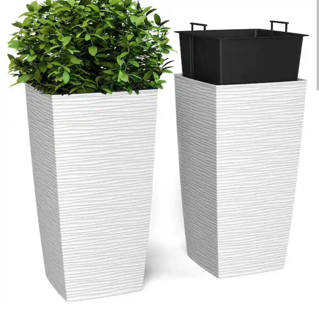 Janska EverGreen White, M-Resin, Indoor/Outdoor Planter with Built-In Drainage, 2-Piece Duo Set, Large, 3.4 Gallon, 11"x11"x23"