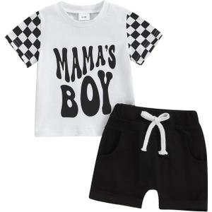 Toddler Baby Boy Summer Clothes Mamas Boy Checkerboard T-Shirts Tops and Elastic Shorts Sets Newborn Infant Clothes (12-18 Months)