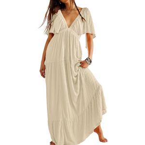 Kikibell Women Summer Dresses Sexy V-Neck Maxi Dress Tiered Silhouette with Flutter Sleeve Backless Elastic Waist Flowy Dress (Beige, L)