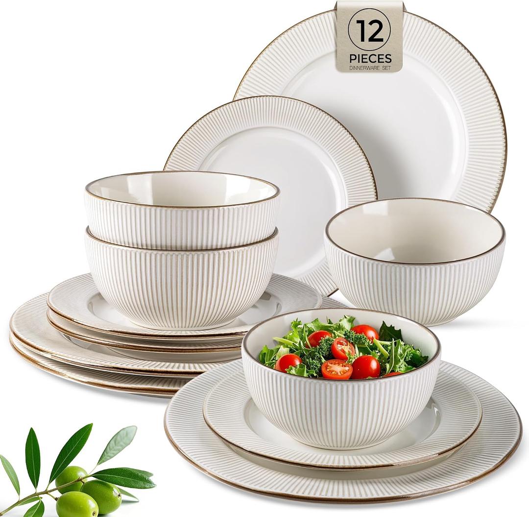 GBHOME Ceramic Dinnerware Sets,12 pcs Embossed Elegant Stoneware Plates and Bowls Sets, Housewarming Wedding Gift | Dishwasher & Microwave Safe | Dishes Set Service for 4
