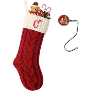 Christmas Stockings Personalized Custom Initials 18 Inches Knitted Christmas Stockings with Letter Fireplace Hanging Monogram Xmas Stockings for Kids,Family Holiday Party DecorationRed and White C