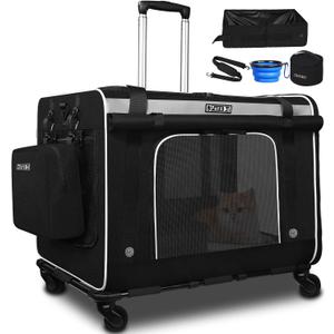 Petskd Extra Large Cat Carrier with Wheels and Litter Box, 24"x17"x17" Rolling Soft Carrier Until 55LBS Pets with 5 Breathable Mesh Windows and Locking Zippers for Long Distance Car Travel(Black)