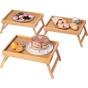 VERTORGAN 3 Pack Bamboo Bed Tray Table with Folding Legs,Breakfast Trays,Serving Tray,Laptop Tray for Working,Food Snack Tray for Bed and Sofa(Natural)