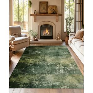 Green Vintage Distressed Carpet for Living Room, 5x7 Non-Slip Washable Low Pile Abstract Design Rug, Space Saving Area Rug for Bedroom, Dining Room