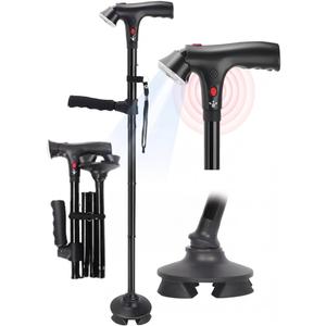 Walking Cane for Men & Women, 3-in-1 Folding Cane with Alarm and Light, Adjustable, Free Standing, Collapsible Walking Stick for Seniors Balance with a Second Handle