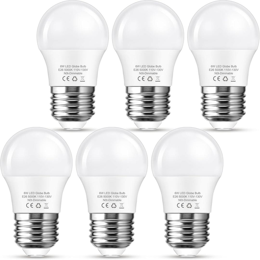 G45 LED Light Bulb 6W Daylight White 5000K, E26 Base 60Watt Globe Small Light Bulbs Equivalent, Non-Dimmable Bright Lighting for Refrigerator, Desk Lamp Lights, Vanity Mirror, Bathroom, 6 Pack